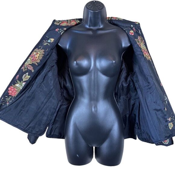 Silkland 100% Black Silk Floral Print Puffer Jacket Women’s Size Petite - Picture 4 of 11